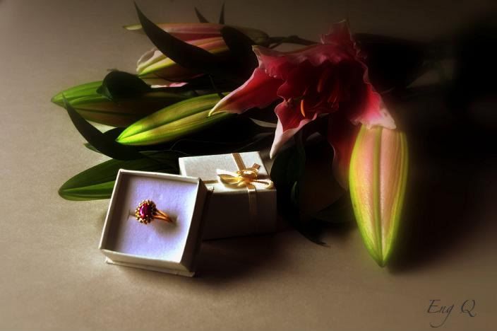 lily flower,garnet ring,still life photography
