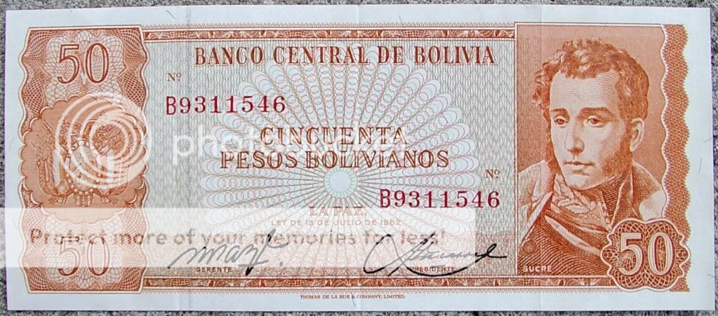 Bolivia 50 Pesos Paper Money Uncirculated with 3 Folds